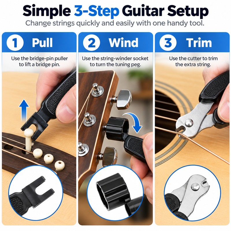 3-in-1 Guitar String Winder Tool for Restringing – Peg Winder,