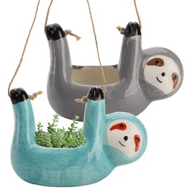 Okllen Ceramic Sloth Planters, 2 Pack, Premium Hanging Planters, Cactus Flower Pot, Wall Mount, Indoor Decor, Gray, Blue