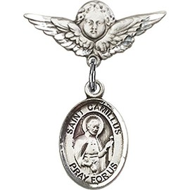 Sterling Silver Baby Badge with St. Camillus of Lellis Charm and Angel w/Wings Badge Pin 7/8 X 3/4 inches