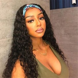 SAKALAKA Headband Wig Human Hair Water Wave 16 Inch Wig Glueless Headband Wig Water Wave None Lace Front Wigs Human Hair for Women 150% Density Wig Curly Hair Natural Color