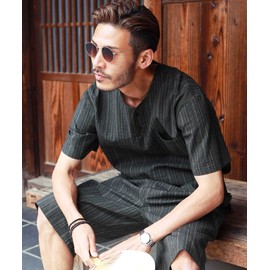 Jiggys Shop Jinbei Men's Top and Bottom Set, Jinbei, 100% Cotton, Kimono, Shijira Weave, Father's Day, Nightwear, Loungewear, Summer Clothing, Festivals, Fireworks, B Ashstripe Shijira (Henley Neck)