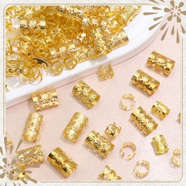 VENOFEN 120PCS Gold Hair Jewelry Hair Cuffs for Braids Metal Dreadlock Beads Hair Cuffs Rings Multi Style Braids Accessories Hair Decoration for Women and Girls