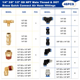Daptemn 46 PCS Quick Connect Air Hose Fittings Kit, DOT Air Line Quick Connect Fittings 1/4" 3/8" 1/2" NPT Thread Brass Air Brake Line Fittings for Trucks Air System or Industrial Air Line Connectors