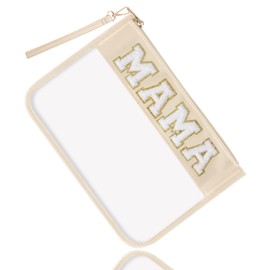 Bolso de chenilla transparente con letras, bolsa transparente con cierre y pulsera, Beige, MAMA