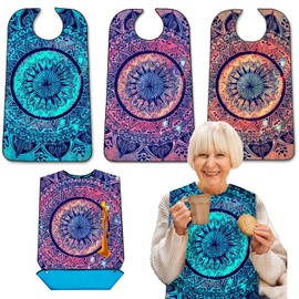 EpoBob 3 Pack Adult Bibs with Crumb Catcher, Washable and Adjustable Adult Bibs for Women Elderly Seniors Elegant Pattern