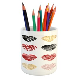 Ambesonne Romance Pencil Pen Holder, Hand Drawn of Heart Love Valentines Wedding Theme Print, Printed Ceramic Pencil Pen Holder for Desk Office Accessory, Pale Coffee Black Red