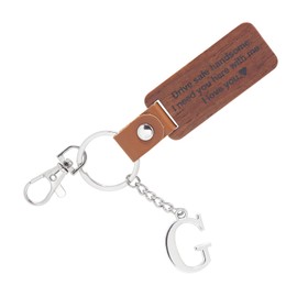 Mamfous Keychain for Car Keys with A-Z Letter - Leather & Wood Drive Safe Key Ring - Gifts for Men Drivers (G)