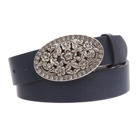 1 1/2" Women's Snap On Belt With Oval Perforated Engraved Crystal Rhinestone Western Floral Buckle, navy/antique silver | xs (27-29" waist)