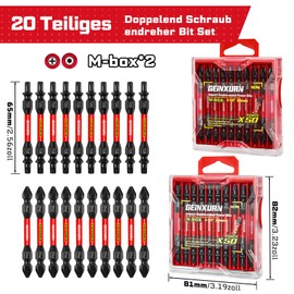 20-Piece T20-T25/PH2-PH2 Torx Phillips Impact Resistant Double End Screwdriver Bit Set, 65 mm Tx 25 Tx20 Phillips Bit Set, Magnetic, Made of S2 Steel, with Storage Box