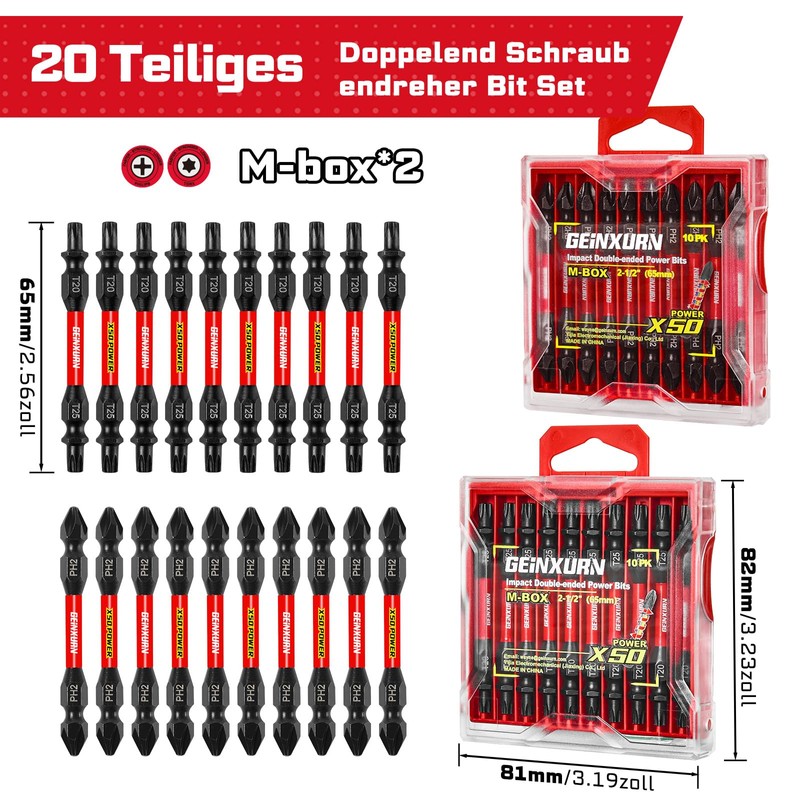 20-Piece T20-T25/PH2-PH2 Torx Phillips Impact Resistant Double End Screwdriver Bit