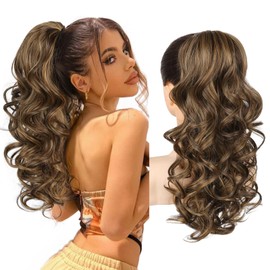 REECHO Ponytail Extension, 18 inch Drawstring Ponytail Hair Extensions Long Curly Wavy Clip in Pony Tail Synthetic Hairpiece for Women, Dark Brown with Highlights