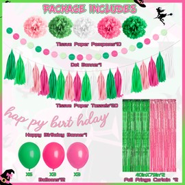 Witch Birthday Party Decorations, Pink and Green Witch Theme, Happy Birthday Party Supplies Set Includes Balloons, Paper Pom Poms, Fringe Curtain, Birthday and Dot Banner for Boys and Girls Decor