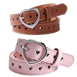 COYUN Pack of 2 Children's Belts Girls, Heart Buckle Girls Belt, Adjustable Heart Buckle Waist Belt, Children's PU Leather Belt, for Kids Dress Pants, Denim Pink, Brown