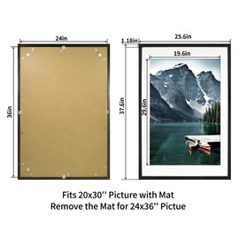 iRahmen 24x36 Frame Set of 2, Black Wood Frame, Display Poster 20x30 with Mat or 24 x 36 without Mat - Horizontal or Vertical Wall Mounting, Wall Hook Included