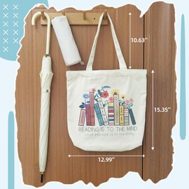 KUKUPACK Cute Canvas Book Tote Bag with Pocket, Book Lovers Gifts for Adults,Book Themed Birthday Gifts for Book Lovers Women- Reading Accessories,Librarian, Bookish, Readers, Author, Library Present