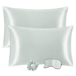 PiccoCasa Satin Pillowcases for Hair and Skin with Eye Mask and Scrunchie Soft Pillowcase 2 Pack Envelope Closure Silky Bed Pillow Covers Set for Sleeping Grey 50 x 75cm