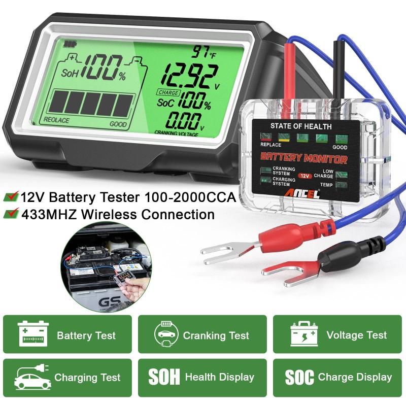 ANCEL LCD 12V Battery Tester Battery Health Analyzer Charging Test