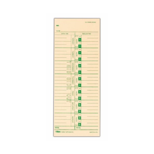 TOPS Time Cards, Weekly, 1-Sided, 3-1/2" x 9", Manila, Green