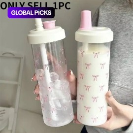 Cute Bow Pattern Straw Water Bottle, Clear Reusable Drinking Bottle with Lid, Large Capacity Portable Drink Cup for Home, Office, School and Outdoor Use