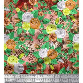 Soimoi Green Rayon Fabric Damask,Leaves & Rose Flower Print Fabric BTY 42 Inch Wide