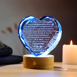 YWHL Daughter Gifts from Dad Mom, Meaningful Birthday Gifts for Daughter, to My Daughter Heart Crystal Keepsake with Colorful Light Base, Christmas Graduation Present for Daughter