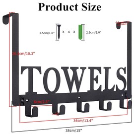 Over The Door Hooks, Towel Holder for Bathroom, Door Mount Towel Rack for Bedroom Kitchen Pool Beach Bathrobe, Wall Mount for Cabinet Cupboard Metal Sandblasted (Black, 5 Hooks)