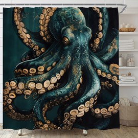 Octopus Shower Curtain Nautical Underwater Ocean Coastal Animals Adventure Wildlife Fabric for Bathroom Decor Bathtub with Hooks(70" WX70 H)