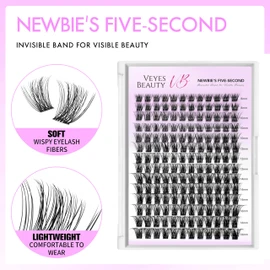 VEYESBEAUTY Lash Clusters Individual Eyelash Extensions Thin & Invisible Band DIY False Eyelashes for Self-application Newbie's Five-Second Series Wispy Lash Tray, Bomb 8-16mm Mixed Length