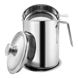 Zalaxt Bacon Grease Container With Strainer, 2.1L Grease Strainer and Container with Dust-Proof Lid, 304 Stainless Steel Oil Filter Storage with Fine Mesh 2.1L