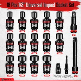 WETT 18-Piece 1/2" Drive Shallow Impact Universal Joint Socket Set, Metric Swivel Socket Set (10-24mm), Flexible Wobble Sockets with 3", 6" Extension Bar, Adapter, 6 Point