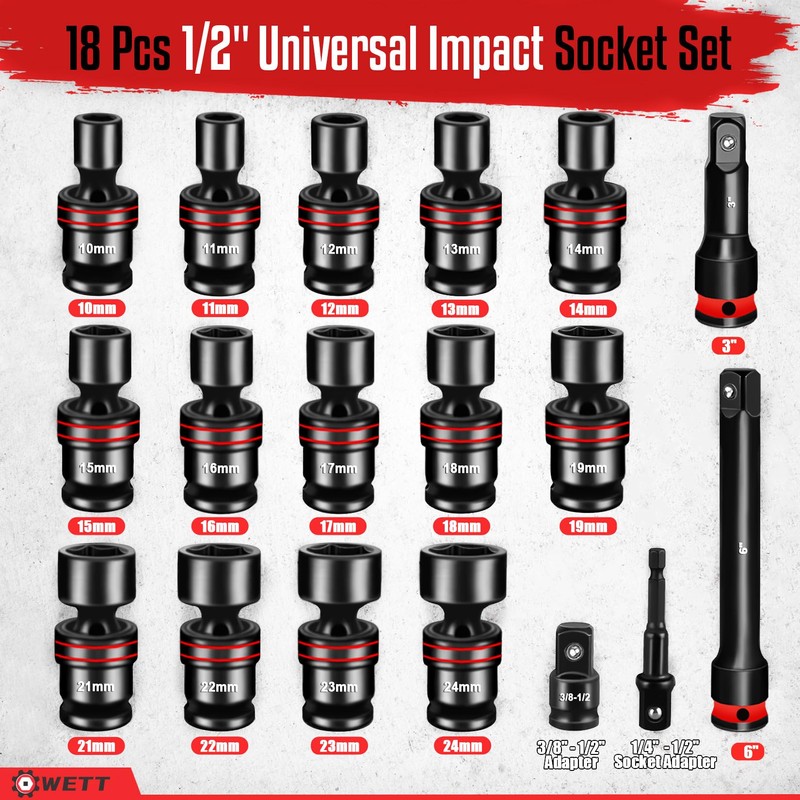 WETT 18-Piece 1/2" Drive Shallow Impact Universal Joint Socket Set,