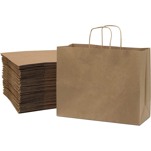 Brown Paper Bags with Handles – 16x6x12 inches 50 Pcs. Paper Shopping Bags, Bulk Gift Bags, Kraft, Party, Favor, Goody, Take-Out, Merchandise, Retail Bags, 80% PCW Vogue Size Large