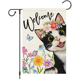 Heyfibro Welcome Spring Cat Garden Flag Spring Summer Floral Flower Garden Flags 12 x 18 Inch Burlap Double Sided Vertical Butterfly Yard Flags for Seasonal Outside Outdoor Decoration (ONLY FLAG)