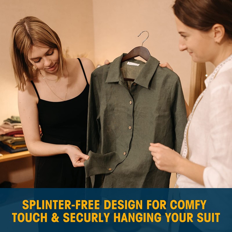 Wooden Hangers 10 Pack: Solid Shirt Hangers with Pants Bar,
