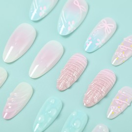 RUOKEXIN Almond Press on Nails Medium Fake Nails Pink Blue Ombre False Nails with 3D Designs Sparkly Artificial Nails Full Cover Glue on Nail Press ons Cute Stick on Nails for Women 24Pcs