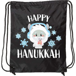 inktastic Happy Hanukkah with Yeti and Snowflakes Drawstring Bag Black 3342c