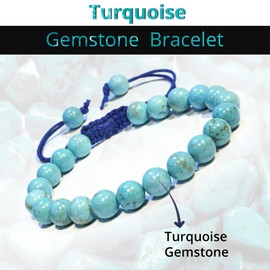 Turquoise Crystal Bracelet – Gemstone Bead Bracelet with Adjustable Macrame String – Chic Gemstone Bracelet for Women and Men – 8mm Round Healing Crystal Bead Bracelets