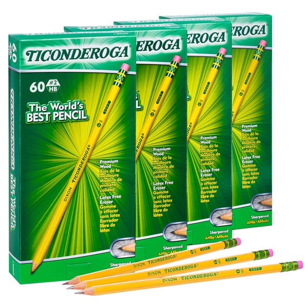 Ticonderoga Pencils, Wood-Cased, Pre-Sharpened, #2 HB Soft, Yellow, 240 Count
