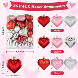 36Pcs Valentines Day Decor Heart Ornaments for Christmas Tree Decorations Red Pink Heart Shaped Baubles Ornaments for Valentine's Day Hanging Decorations or Wedding Party Supplies Home Decor