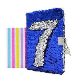 VIPbuy Reversible Sequin Notebook Diary with Lock and Key Lined Travel Journal w/ Photo Corner for Kids Girls Boys Gift, Size A5 (215 x140mm), 156 Pages, Blue to Silver
