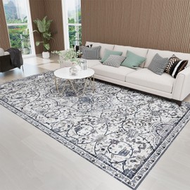 SALLOUS Vinyl Floor Mat for Home, 4x6ft Area Rug for Living Room, Non-Slip Waterproof Floor Mat for Bedroom, Washable Area Mat for Kitchen, Bathroom, Entryway (Grayish Blue Bohemian-Style)