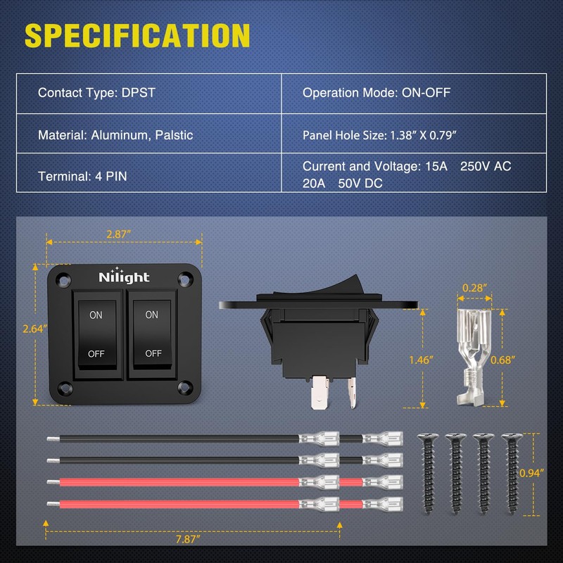 Nilight 2 Gang ON-Off Switch Panel 4 PIN DPST Toggle