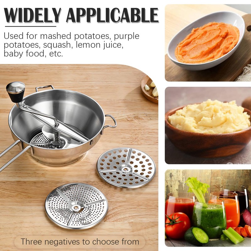 Stainless Steel Potato Ricer with 3 Interchangeable Discs and Large