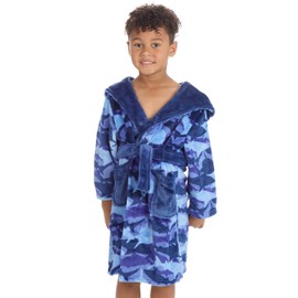 Metzuyan Boys Hooded Dressing Gown Pluish Fleece Robe Printed Bathrobe Blue Shark 9-10 Years