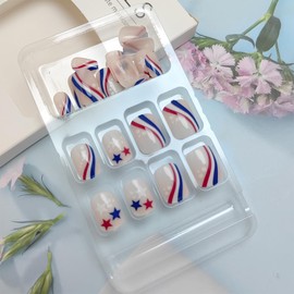 24Pcs Independence Day Press on Nails Short Square Fake Nails with Cute Star Design Artificial Acrylic Nails 4th of July False Nails Red Blue Stripes Glue on Nails Patriotic Stick on Nails for Women