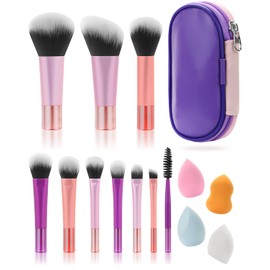 JOKHUE Mini Travel Makeup Brushes Set, Small Portable Full Complete Function Cosmetic Kit with Brush Pouch, On the Go Travel Essentials Brush for Women, Girls, Kids (14 Pieces, Colorful)