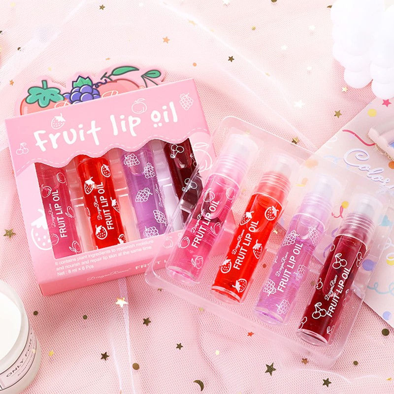 4 Pcs Fruit Lip Oil Set Lip Gloss Crystal Jelly