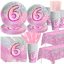 HIPVVILD Pink 6th Birthday Decorations Tableware, Girl Sixth Birthday Party Supplies, Plate, Cup, Napkin, Tablecloth, Cutlery, Glitter Diamond 6-Year-Old Birthday Table Decorations, Serves 24