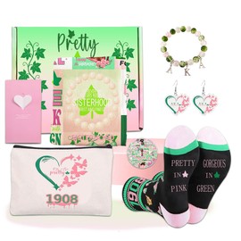 AKA Gifts for Women, 7pcs Gift Set for AKA Lovers, Pink and Green Throw Blanket, Sisterhood Present With Novelty Socks,Make Up Bag,Bracelets,Earrings,Stickers