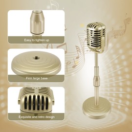 Lyaciomn Vintage Desktop Microphone Prop Model with Adjustable Height, Classic Retro Style Microphone Stand Fake Mic Prop,Gold